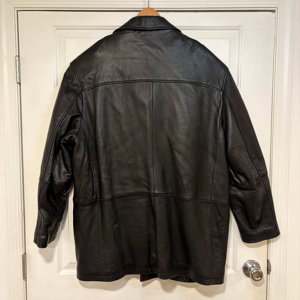 Pronto‎ Uomo Mens XXL Black Leather Jacket Mid Length Overcoat Collar Pockets - Picture 3 of 12